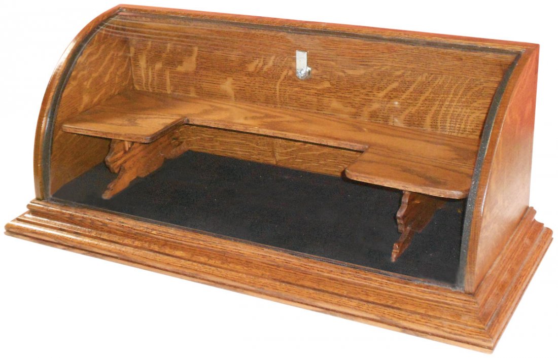 Counter display case w/removable shelf unit, beautiful : Counter display case w/removable shelf unit, beautiful quartersawn oak w/curved glass front, hinged back door w/lock & key, The Brunswick Balke Collender Company transfer on back, a newer high quality