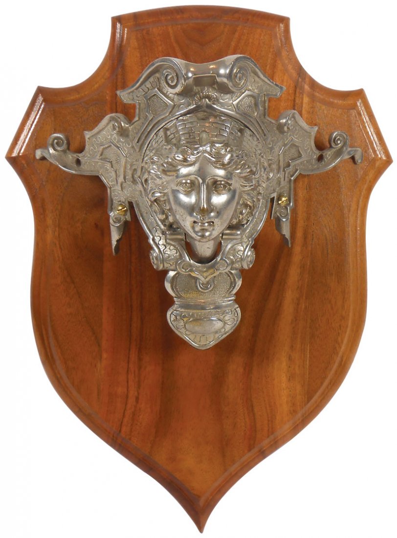 Billiard table nickel-plated mechanical corner pocket, : Billiard table nickel-plated mechanical corner pocket, "Lady w/a Castle Headdress", c.1780's-1820's, mounted on a walnut plaque, perfect working cond, 16" x 12".