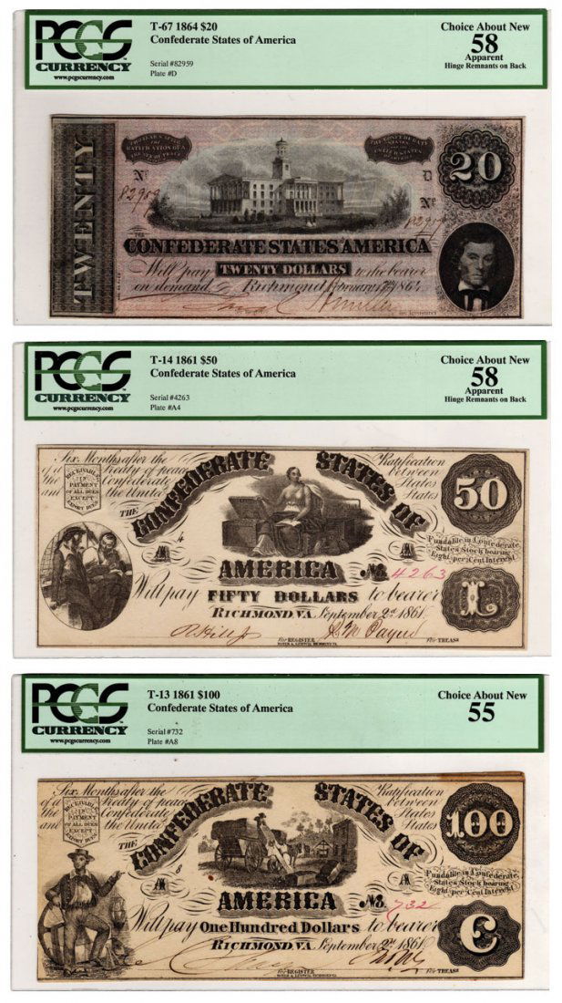Confederate money (3), $20., $50. & $100. bills, $20. : Confederate money (3), $20., $50. & $100. bills, $20. bill, T-67 1864, Serial #82959 Plate D, Choice About New (58); $50. bill, T-14 1861, Serial #4263 Plate A4, Choice About New (58), both w/hinge re