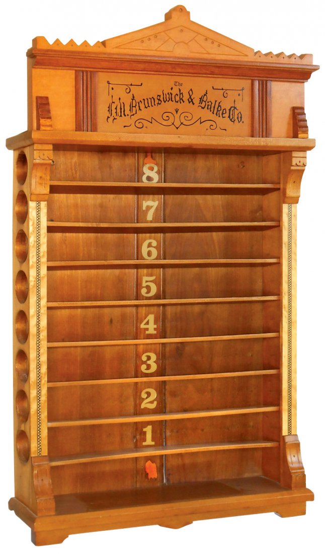 Billiard ball rack, J.M. Brunswick & Balke "Eastlake" i: Billiard ball rack, J.M. Brunswick & Balke "Eastlake" in Rare birdseye maple w/inlays, Rare left side loading rack, holds 4 sets of balls plus a chalk shelf, c.1870's, Exc restored cond w/correct sten