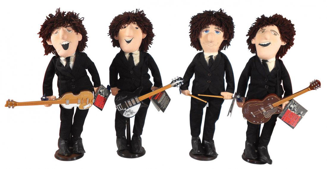 Rock 'n Roll, Beatles dolls (4), mfgd by Determined Pro: Rock 'n Roll, Beatles dolls (4), mfgd by Determined Productions, Inc., c.1987, distributed by Applause, cloth dolls w/plastic guitars, Exc cond w/orig "Beatles Forever" & Applause tags, ea approx 23"H