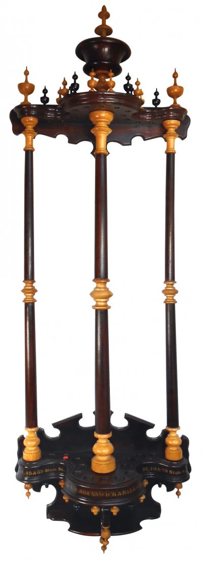 Billiard cue rack, J.M. Brunswick & Balke "Nonpareil",: Billiard cue rack, J.M. Brunswick & Balke "Nonpareil", rosewood & hard rock maple, c.1870's, 2-pc serpentine configuration w/heavy use of rosewood & maple finials, 3 large turned pillars connect the t