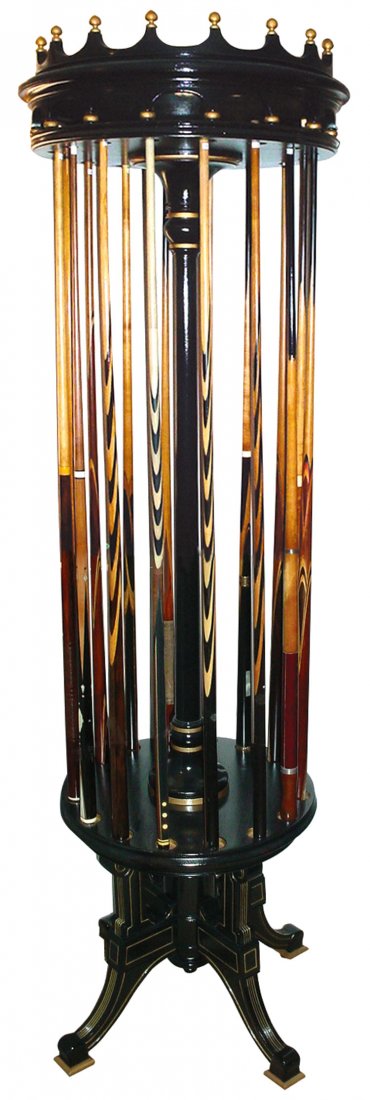 Billiard cue rack, J.M. Brunswick & Balke Rotary Cue Ra: Billiard cue rack, J.M. Brunswick & Balke Rotary Cue Rack, ebonized cherry w/heavy gold gilding, c.1870's, holds 16 cues, most likely a "one-of-a-kind" specimen built for a person of importance, revol