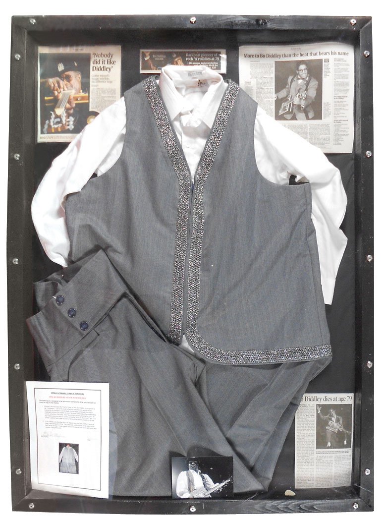 Rock 'n Roll, Bo Diddley 1970's stage worn outfit w/let: Rock 'n Roll, Bo Diddley 1970's stage worn outfit w/letter of authenticity signed by him saying this is an original gray suit & vest that was custom-made for him that he often wore on stage in the 70'
