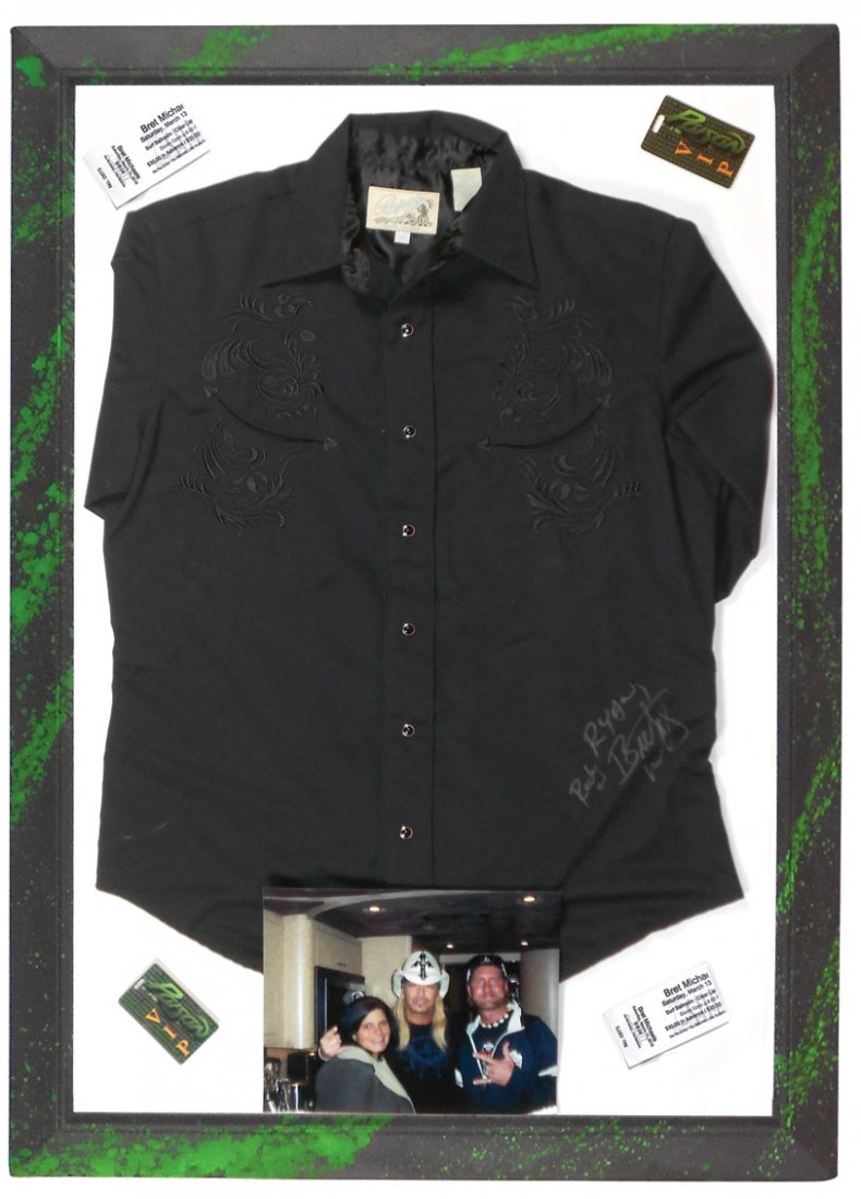 Rock 'n Roll, Bret Michael autographed shirt, (2) VIP p: Rock 'n Roll, Bret Michael autographed shirt, (2) VIP passes & (2) concert tickets from the Surf Ballroom-Clear Lake, IA dated March 13, 2010, embroidered black cotton shirt made by Roper-Denver Co., 