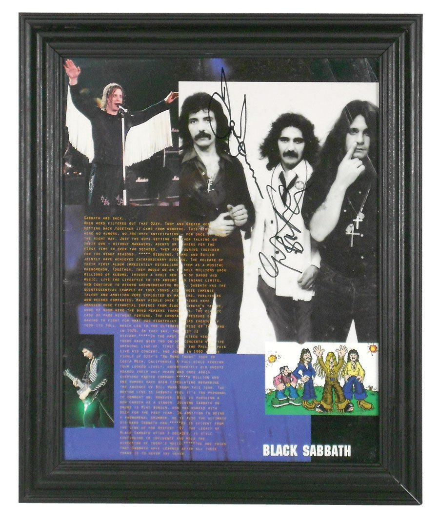Rock 'n Roll, Black Sabbath autographed poster, picture: Rock 'n Roll, Black Sabbath autographed poster, pictures Ozzy Osborne, Tony Iommi & Terry "Geezer" Butler w/Tony & Geezer's signatures, VG cond, framed 16.5"H x 14"W.
