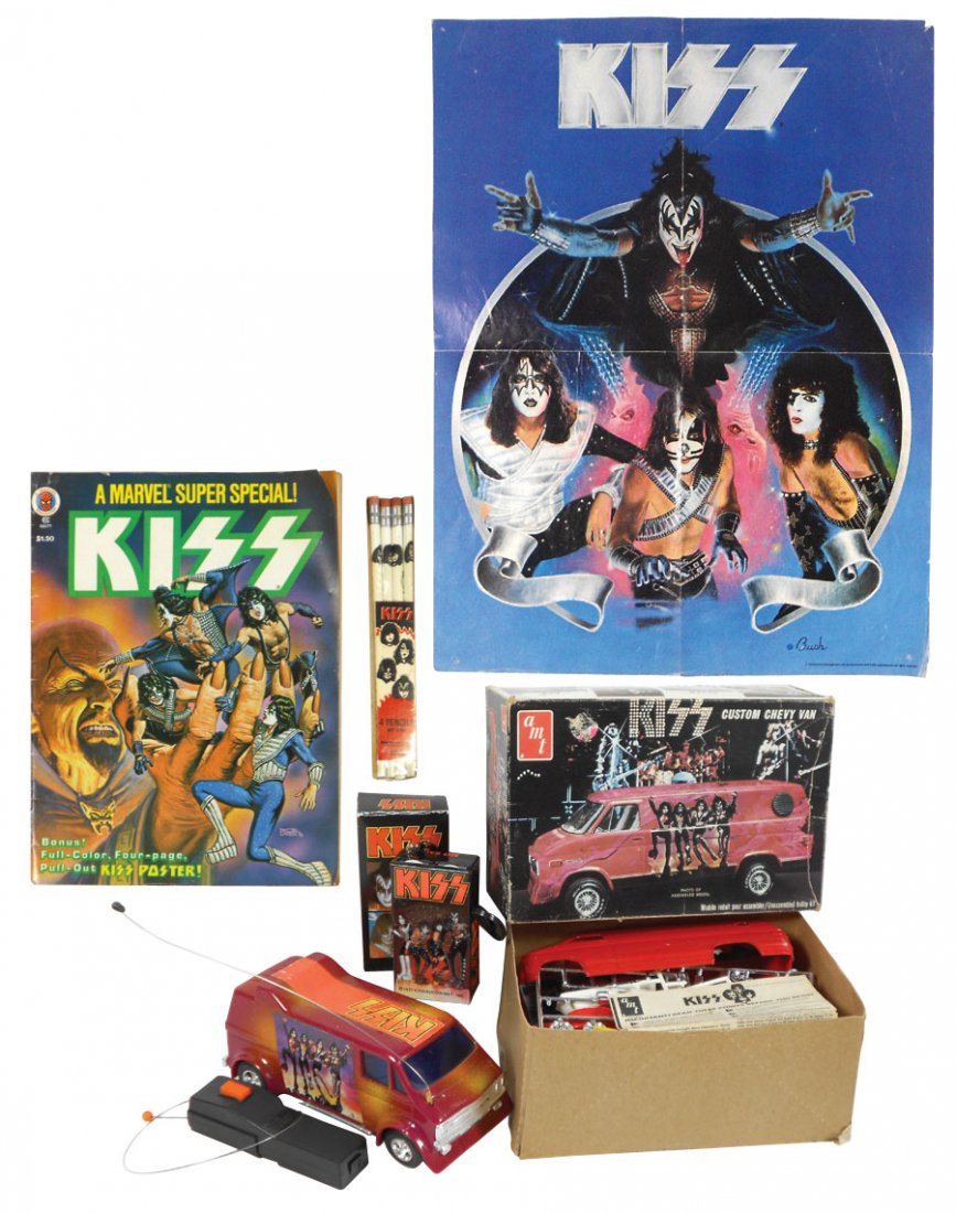 Rock 'n Roll, KISS transistor radio, new in box, 1977 K: Rock 'n Roll, KISS transistor radio, new in box, 1977 KISS/Aucoin Mgt Inc., KISS remote control van, missing battery cover, o/wise VG cond, KISS Custom Chevy Van by amt, unassembled in box, probably i