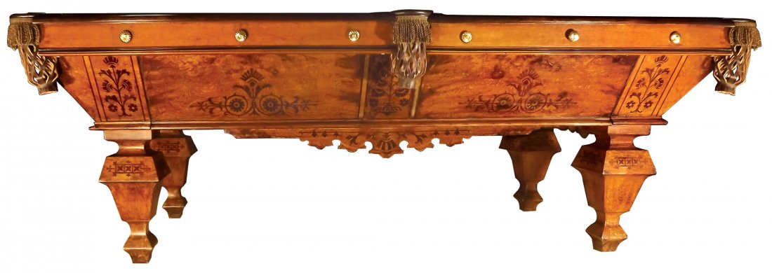 Billiard table, Brunswick, "The Popular" model, backgro: Billiard table, Brunswick, "The Popular" model, background wood is burl elm w/inlays of walnut & rosewood, VG restored cond w/some repairs & veneer replacement, rosewood rails w/Ivory rail sights, #3