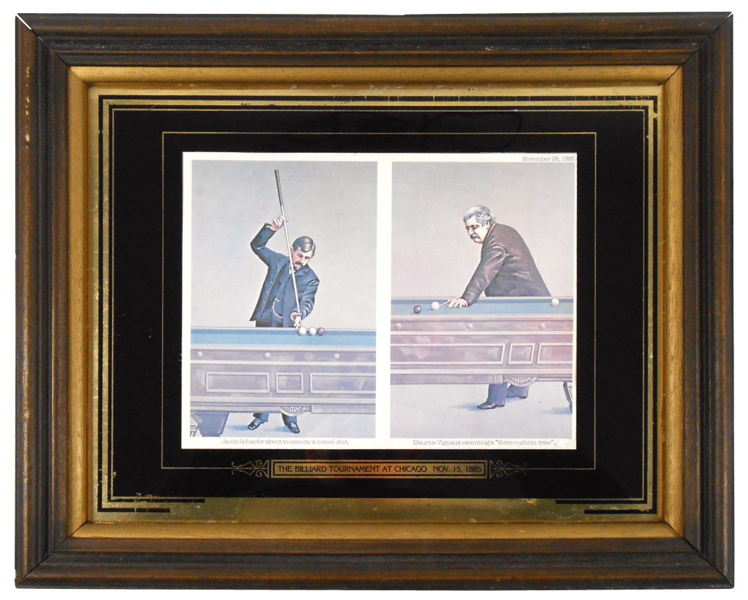 Billiard print, framed orig reverse painted "Souvenir" : Billiard print, framed orig reverse painted "Souvenir" from the Billiard Tournament in Chicago Nov 15, 1885, between Jacob Schaeffer & Maurice Vignaux. Excellent color caricatures bordered by black & 