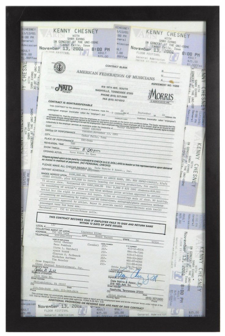 Rock 'n Roll, Kenny Chesney contract & concert tickets : Rock 'n Roll, Kenny Chesney contract & concert tickets from 2001 UNI-Dome-Cedar Falls, IA November 13th concert, Sara Evans opening act, signed by Kenny Chesney, dated September 20, 2001, Exc cond, fr