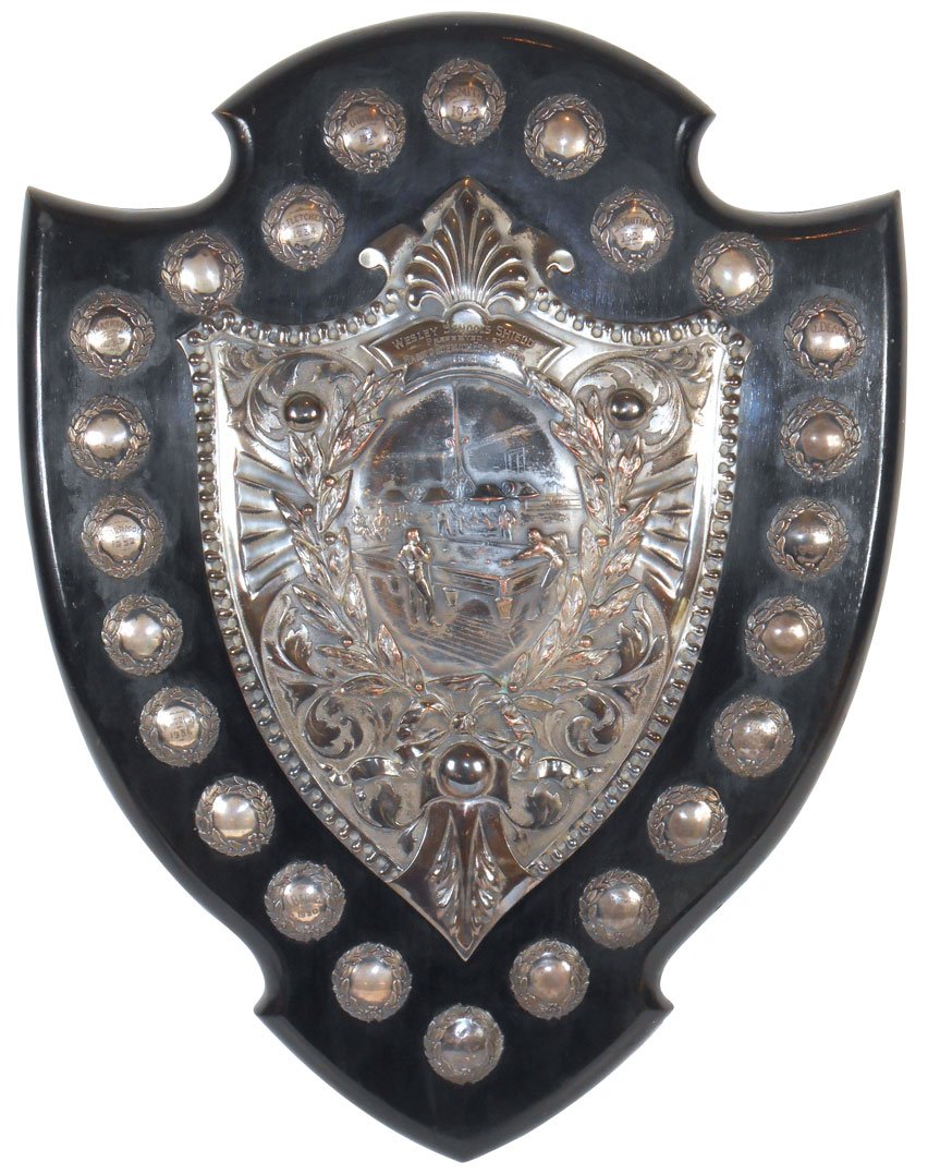 Billiard trophy, very large "Traveling" ebonized wood &: Billiard trophy, very large "Traveling" ebonized wood & sterling silver trophy plaque, engraved "Wesley Schools Shield Presented by Harold Roebuck Esq. of China 1923", all of the wreathed "buttons" ar