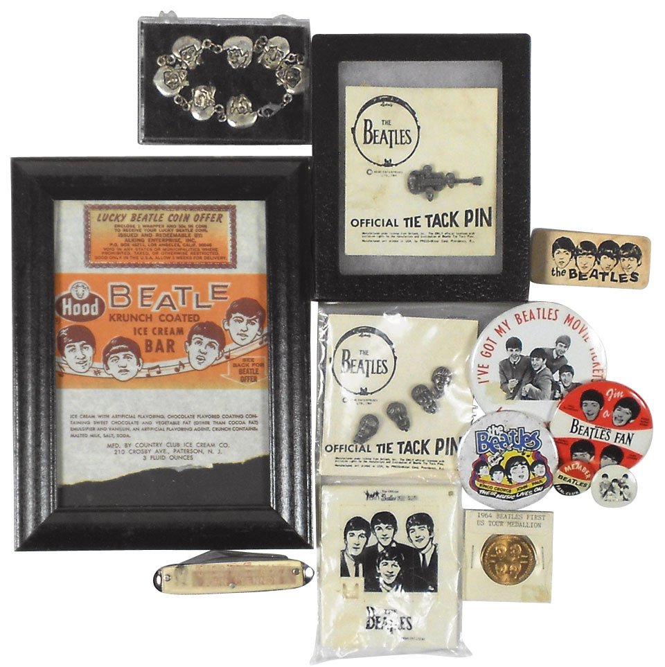 Rock 'n Roll, Beatles smalls (13), includes 1964 Nems E: Rock 'n Roll, Beatles smalls (13), includes 1964 Nems Ent. Official Tie Tack Guitar Pin, Official Tie Tack Head Pins (4), 1964 Beatles Puzzle, framed Beatle Krunch Coated Ice Cream Bar wrapper (bottom