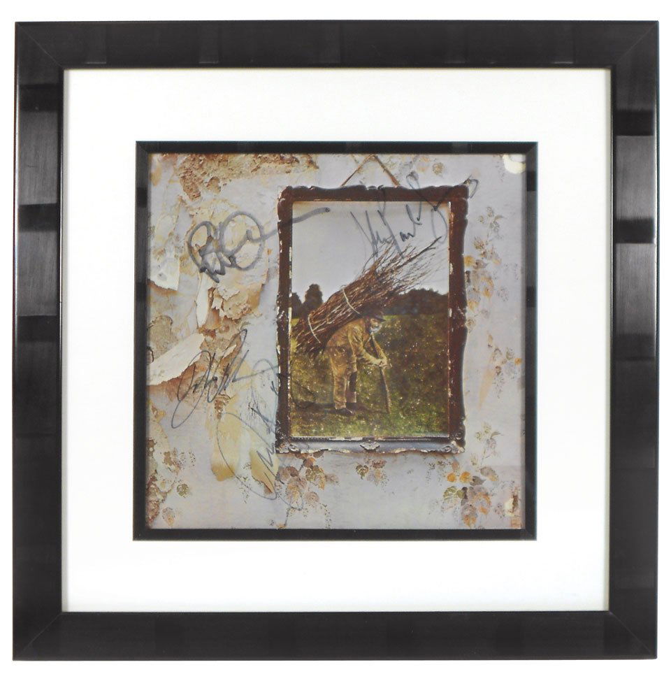 Rock 'n roll, Led Zeppelin IV autographed gate-fold alb: Rock 'n roll, Led Zeppelin IV autographed gate-fold album sleeve w/signatures of all 4 band members-Jimmy Page (Guitar), Robert Plant (Vocalist), John Bonham (Drums) & John Paul Jones (Keyboard), c.19