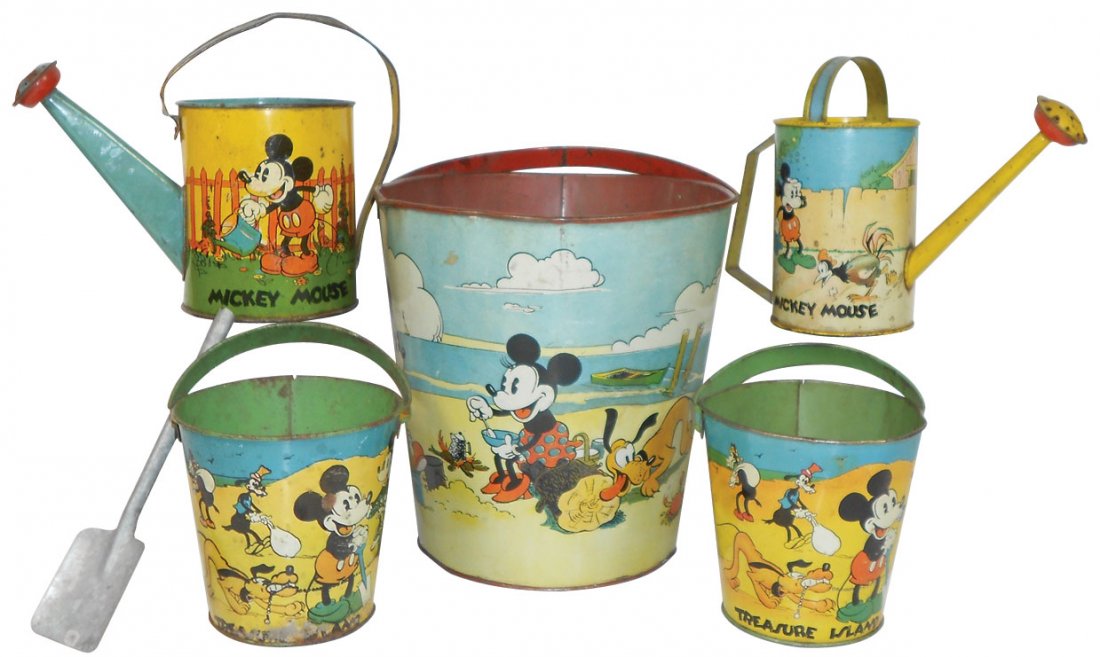 Mickey Mouse tins (5), all Ohio Art, includes 2 waterin: Mickey Mouse tins (5), all Ohio Art, includes 2 watering cans & 3 sand pails, all in Good cond w/great graphics, larger watering can handle is loose at bottom, 6" to 8"H (excluding handle).
