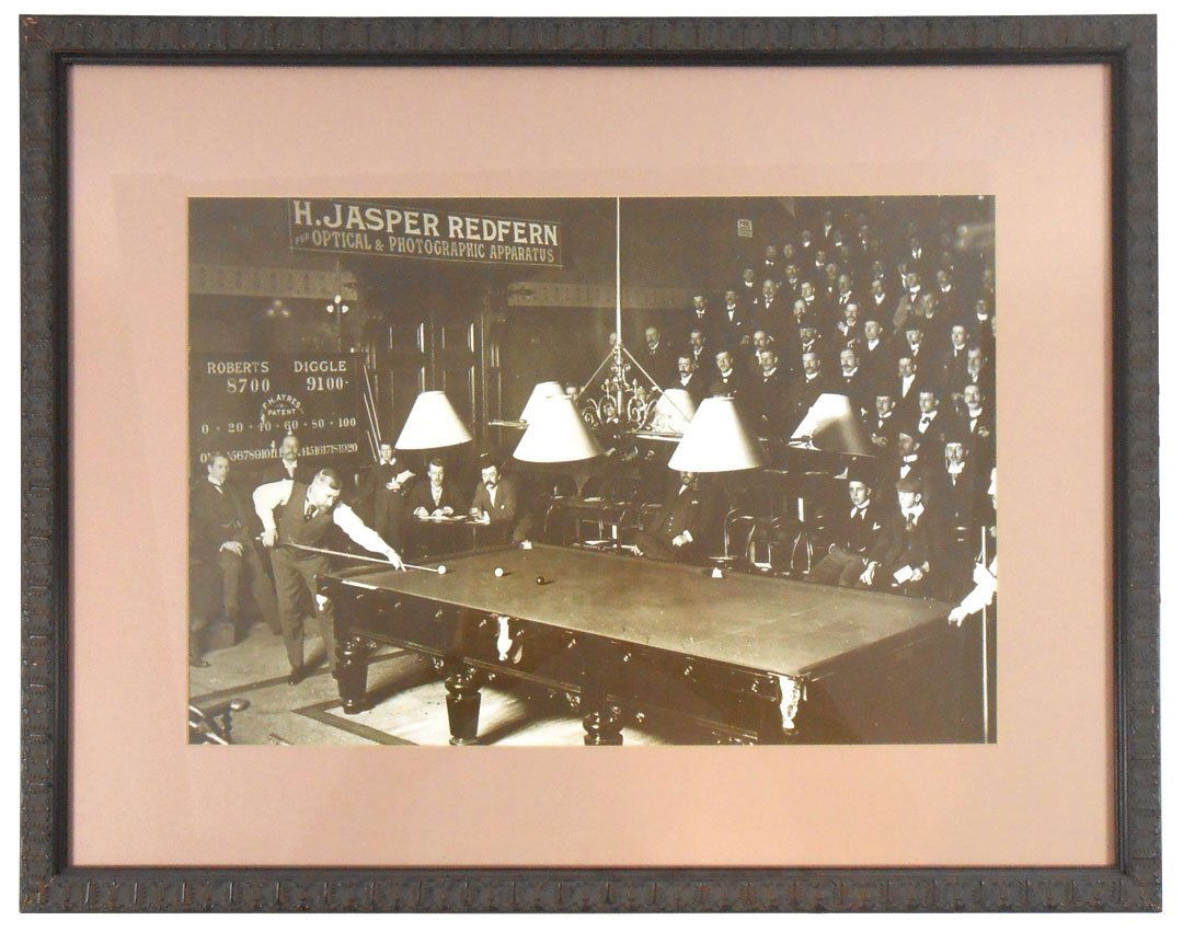 Billiard photograph, large orig framed photo of the Rob: Billiard photograph, large orig framed photo of the Roberts Diggle Billiard Match played on a 12' x 6' table w/a large ornate light & a dressed up gallery, c.1880's, Exc cond, 18.25" x 11.75".
