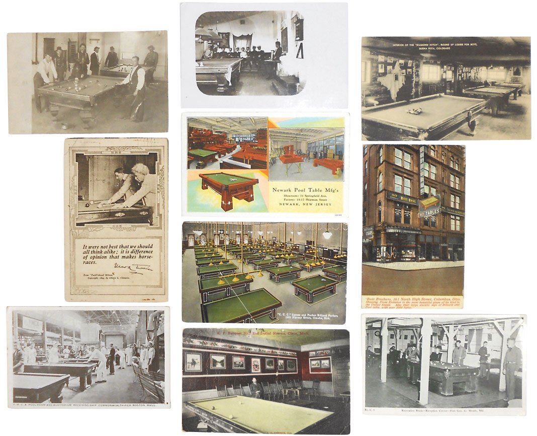 Billiard postcards (10), photo postcards (2); Newark Po: Billiard postcards (10), photo postcards (2); Newark Pool Table Mfg's-Newark, NJ; Bott Bros-Columbus, OH; Mark Twain; K. P. Banquet Hall & Social Rooms-Clare, MI; Fort Geo. G. Meade-MD; "C. C. C." Car