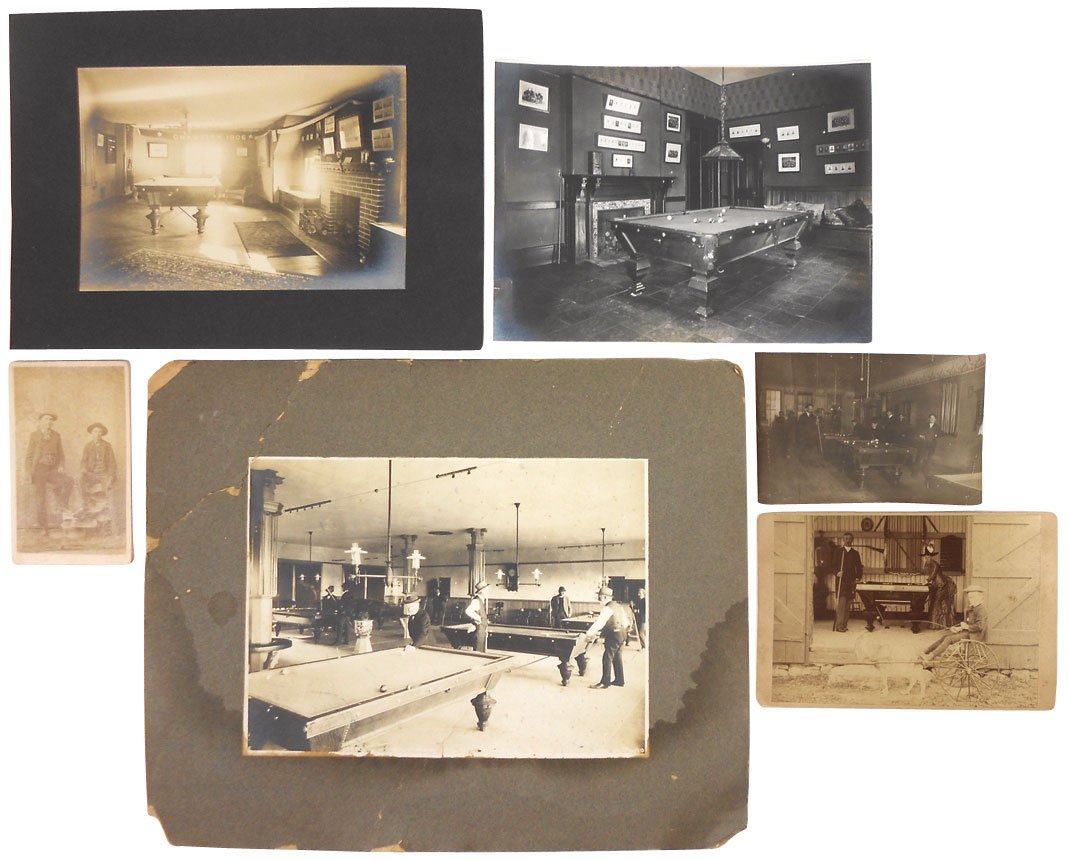 Billiard photographs (6), outdoor, indoor & indoor acti: Billiard photographs (6), outdoor, indoor & indoor action shots, outdoor shows young man on cart pulled by goats & 1 indoor shot is formal photo of 2 men w/cues by J. G. Stewart-Carlinville, IL, anoth