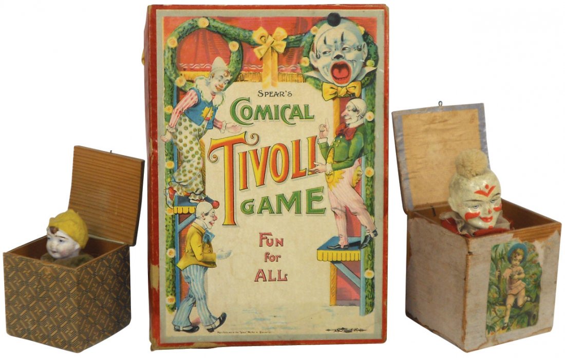 Clown game & toys (3), Spear's Comical Tivoli Game, The: Clown game & toys (3), Spear's Comical Tivoli Game, The Spear Works-Bavaria, very colorful diecut cdbd playfield w/comical circus clowns that move as marbles fall through chutes, very early 1900's, VG