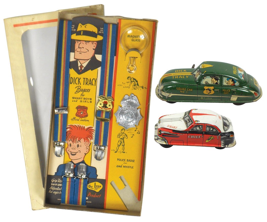 Toys (3), Dick Tracy Grip-Tite Snap On Braces for Smart: Toys (3), Dick Tracy Grip-Tite Snap On Braces for Smart Boys & Girls, police badge & magnifying lens in window box, set is missing whistle & paper-covered cdbd box is torn; 6" wind-up tin Dick Tracy S
