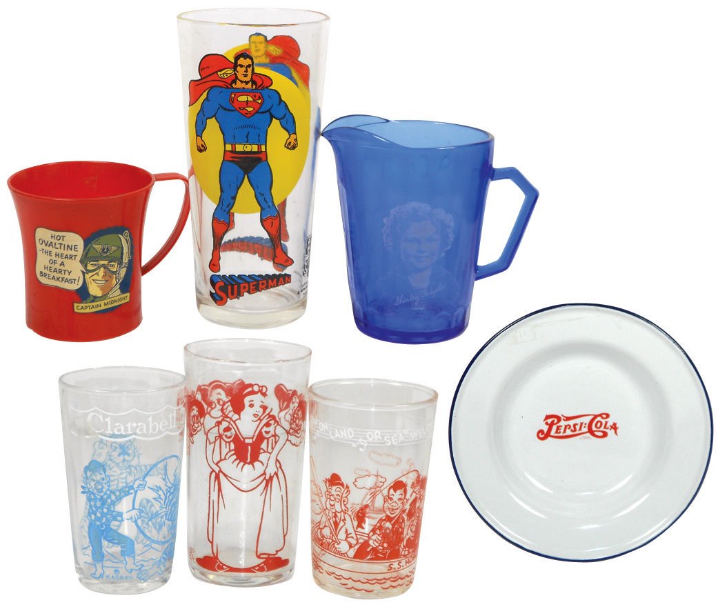 Advertising premiums (7), blue glass Shirley Temple pit: Advertising premiums (7), blue glass Shirley Temple pitcher, red plastic Captain Midnight Ovaltine mug (rough bottom edge), white painted tin Pepsi-Cola double dot bowl, 1976 Superman Pepsi-Cola glass