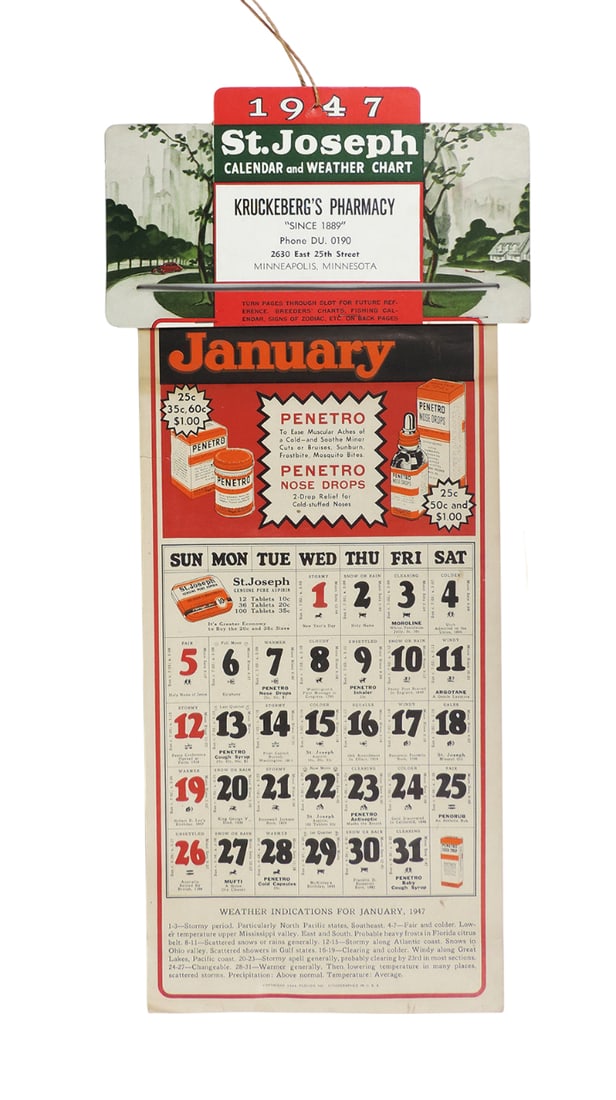 Drug Store Calendar, St. Joseph 1947 Calendar and Weather Chart, Kruckeberg's Pharmacy, Since 1889, (1 of 1)