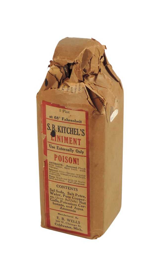 Drug Store Poison Bottle, S.B. Kitchel's Liniment, 1 pint glass bottle w/orig brown paper packaging: Drug Store Poison Bottle, S.B. Kitchel's Liniment, 1 pint glass bottle w/orig brown paper packaging unopened, contents-Sal Soda, Salt Petre, Water, Pure Copperas (Iron Sulfate) Nut Galls, Potassium Ca