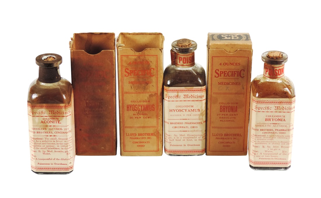 Drug Store Poison Bottles (3), Specific Medicines from Lloyd Brothers, Pharmacists, Inc., c.1880s...: Drug Store Poison Bottles (3), Specific Medicines from Lloyd Brothers, Pharmacists, Inc., c.1880s, 4 oz glass bottles w/paper labels & cork stoppers in orig boxes for Aconite, Hyoscyamus & Bryonia, co