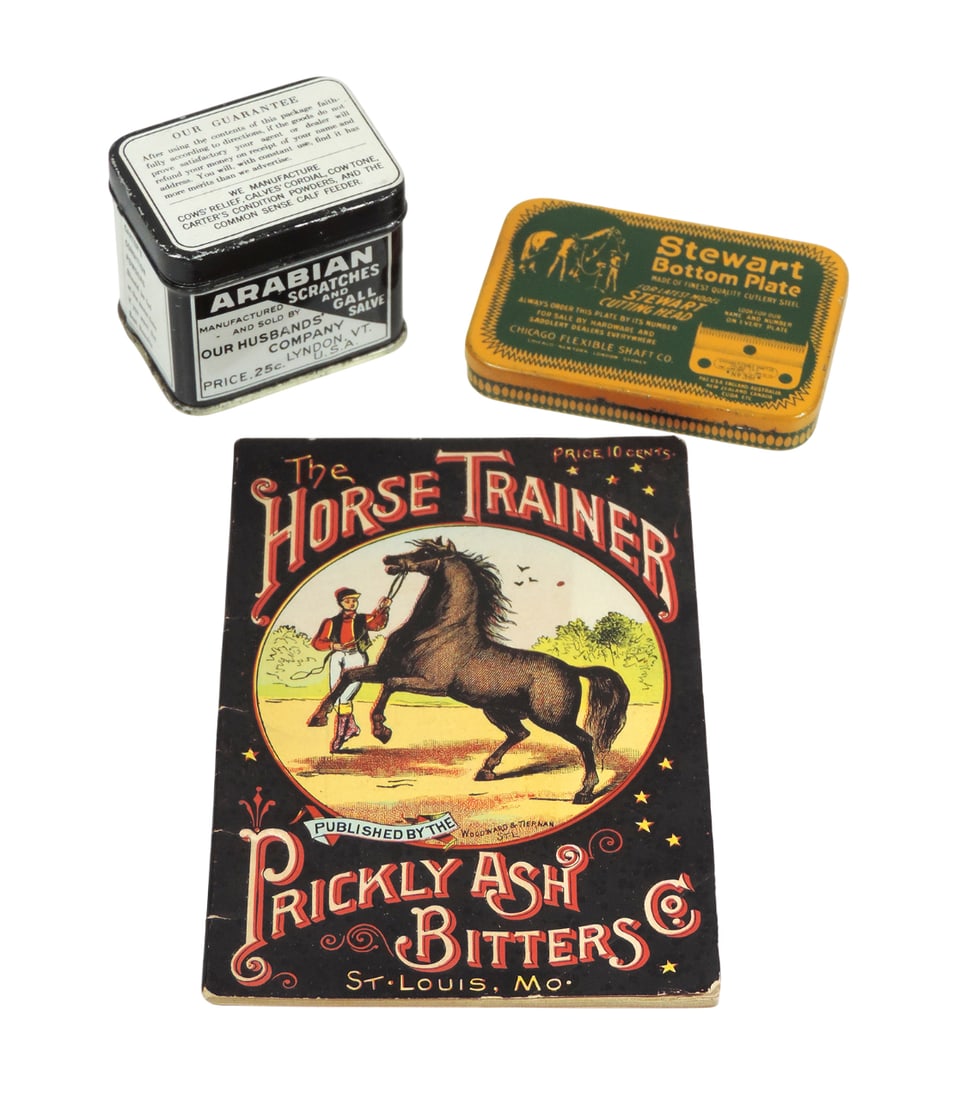 Veterinarian Medicine (3), Arabian Scratches and Gall Salve, Mfg and Sold by Our Husband's Company,: Veterinarian Medicine (3), Arabian Scratches and Gall Salve, Mfg and Sold by Our Husband's Company, Lyndon, VT-USA, litho on tin, no product, Stewart Bottom Plate For Latest Model of Stewart Cutting H