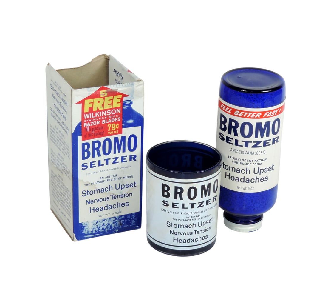 Drug Store Bromo Seltzer (2), BROMO Seltzer Advertising Glass, cobalt blue w/pyro glaze wording &... (1 of 1)