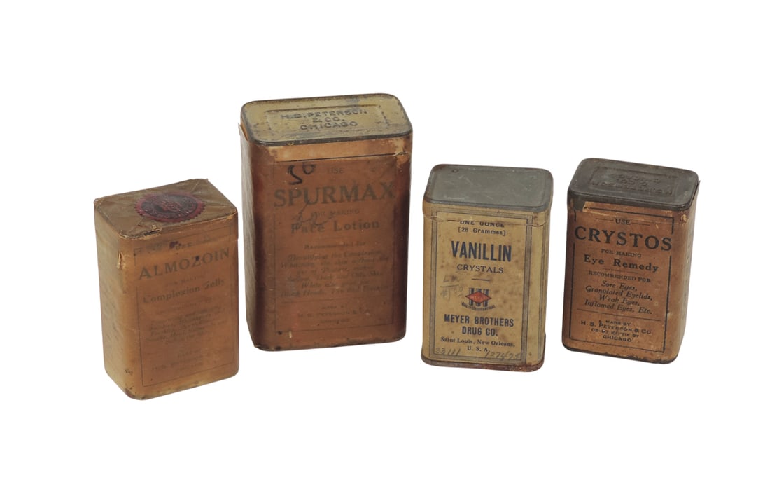 Drug Store Remedies (4), Vanillin Crystals, Meyer Brothers Drug Co., Saint Louis, New Orleans-USA...: Drug Store Remedies (4), Vanillin Crystals, Meyer Brothers Drug Co., Saint Louis, New Orleans-USA, 1 oz tin w/paper label, opened/contains product, Crystos Eye Remedy, Made by H.S. Peterson & Co., Chi