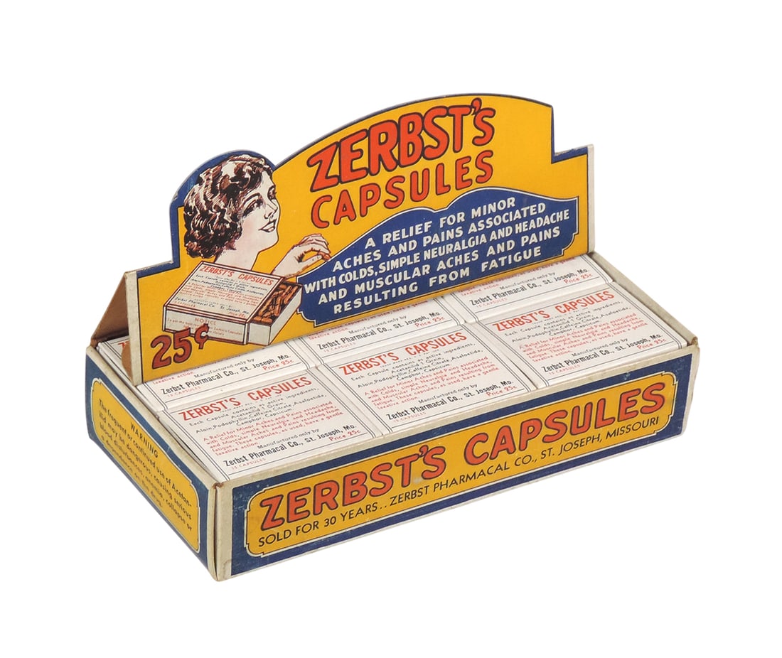 Drug Store Advertising Display Box, Zerbst's Capsules, Zerbst Pharmacal Co., St. Joseph, Mo-USA, ... (1 of 1)