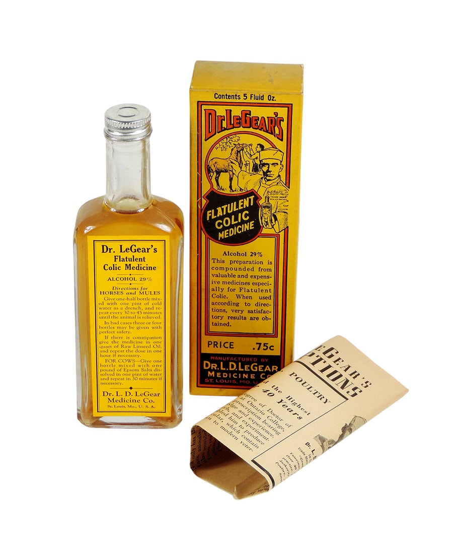 Veterinarian Medicine Bottle, Dr. LeGear's Flatulent Colic Medicine, 29% Alcohol, Dr. L.D. LeGear... (1 of 1)