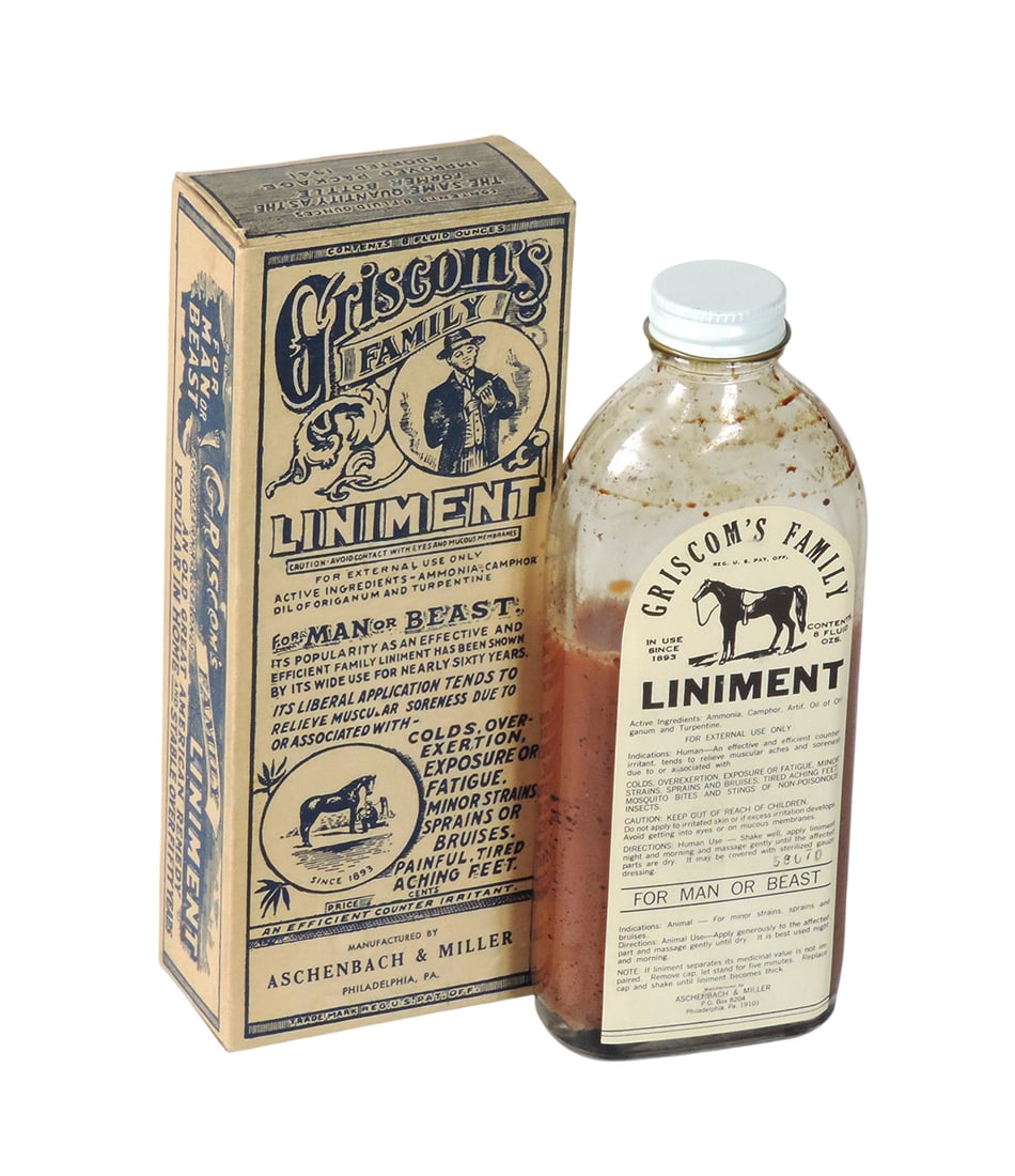 Veterinarian Medicine Bottle, Griscom's Family Liniment, For Man or Beast, Dairyman's Favorite Si...: Veterinarian Medicine Bottle, Griscom's Family Liniment, For Man or Beast, Dairyman's Favorite Since 1893, Mfg by Aschenbach & Miller, Philadelphia, PA-USA, Trade Mark REG U.S. PAT OFF, 8 fluid oz, or