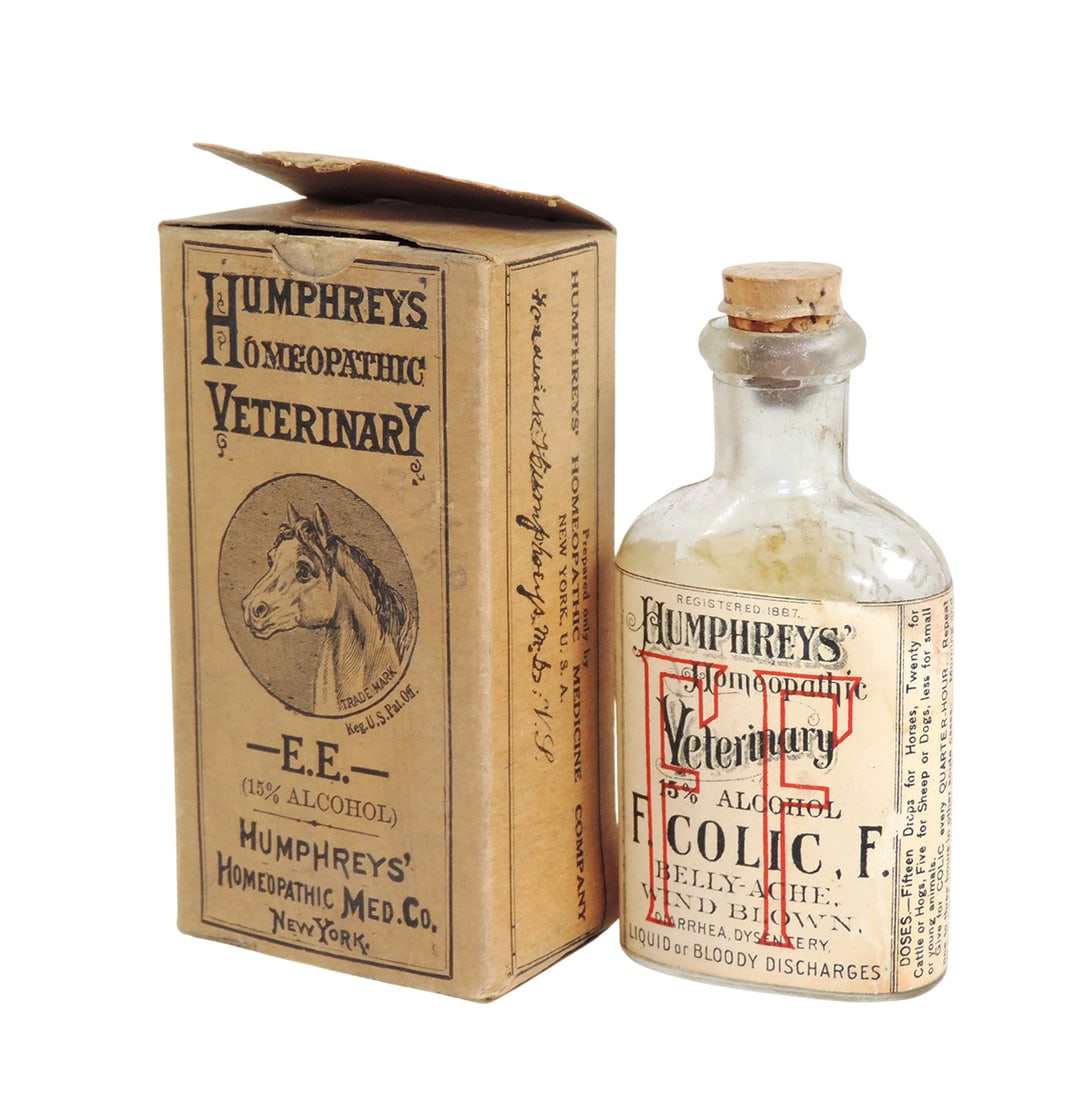 Veterinarian Medicine Bottle, Humphrey's Homeopathic Veterinary, 15% Alcohol, F. Colic F., Belly-...: Veterinarian Medicine Bottle, Humphrey's Homeopathic Veterinary, 15% Alcohol, F. Colic F., Belly-Ache, Wind Blown, Diarrhea, Dysentery, Liquid or Bloody Discharges, c.1880s, -E.E.-, Humphrey's Homeopa