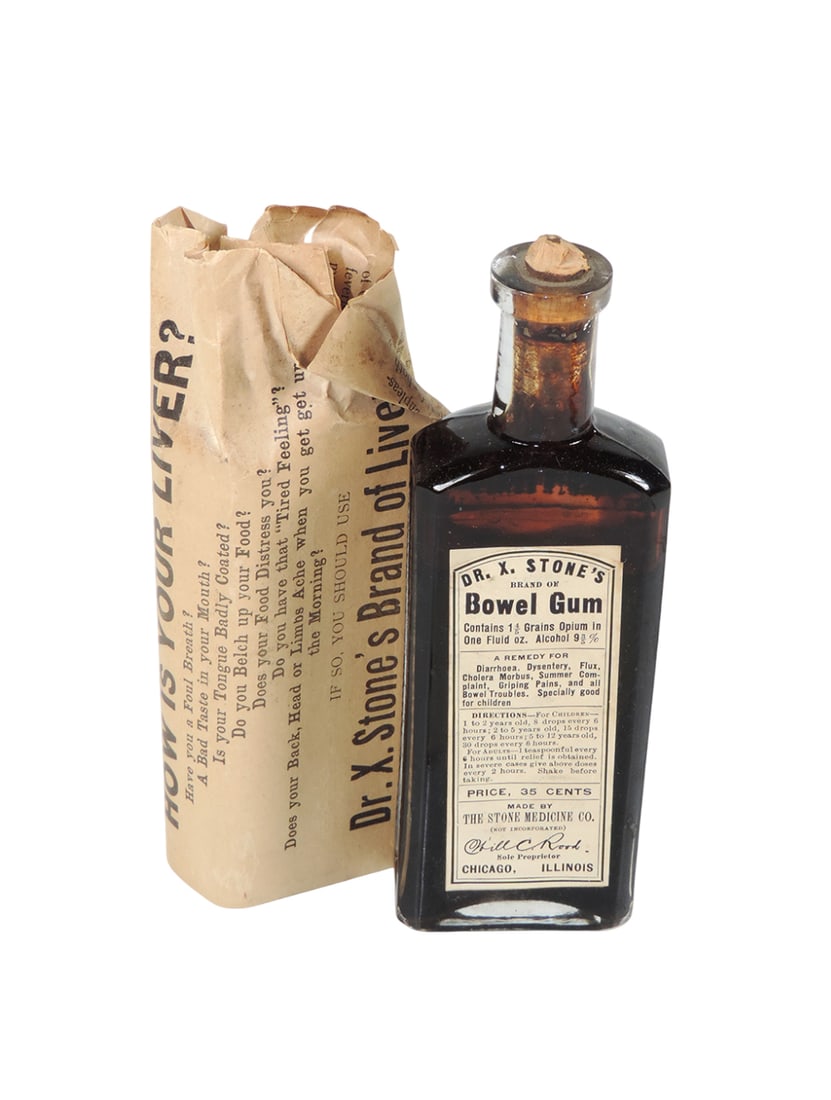 Drug Store Opium Bottle, Dr. X. Stone's Brand of Bowel Gum, Contains 1 4/5 Grains Opium in One Fl... (1 of 2)