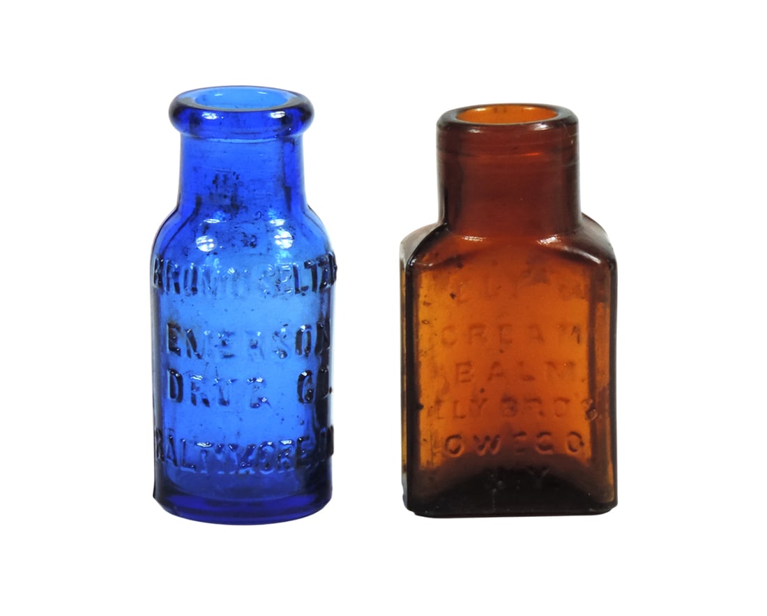 Drug Store Bottles (2), Embossed Bromo-Seltzer Emerson Drug Co., Baltimore, MD, cobalt blue glass &: Drug Store Bottles (2), Embossed Bromo-Seltzer Emerson Drug Co., Baltimore, MD, cobalt blue glass & embossed Ely's Cream Balm Ely Bro's, Owego N.Y.-USA & Catarrh, Hay Fever, amber glass, c. late 1800s