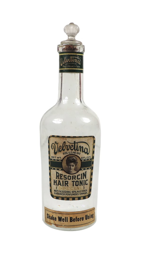 Drug Store Bottle, Velvetina Resorcin Hair Tonic, c. late 1800s, 8 oz glass bottle w/paper label ...: Drug Store Bottle, Velvetina Resorcin Hair Tonic, c. late 1800s, 8 oz glass bottle w/paper label & glass stopper, Not Exceeding 10% Alcohol, Goodrich-Perfumers-Omaha, REG U.S. PAT OFF, VG+ cond w/o ch