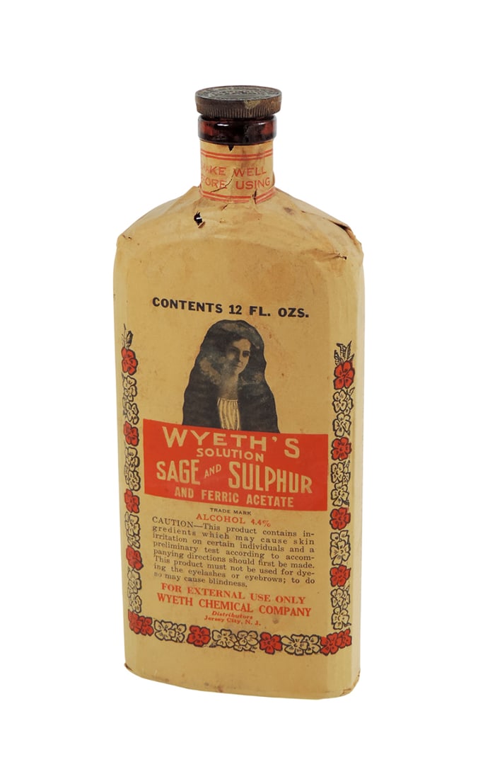 Drug Store Bottle, Wyeth's Solution Sage and Sulfur and Ferric Acetate, Alcohol 4.4%, 12 FL. Ozs,...: Drug Store Bottle, Wyeth's Solution Sage and Sulfur and Ferric Acetate, Alcohol 4.4%, 12 FL. Ozs, amber glass w/orig paper label, wood/cork stopper, no product, Trade Mark, Wyeth Chemical Company, Dis