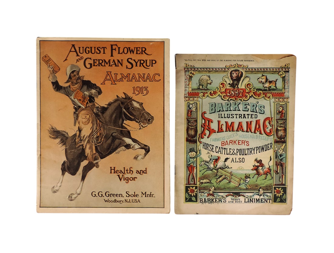 Drug Store Advertising Almanac Booklets (2), 1897 Barker's Illustrated Almanac Farmers Guide & Ho...: Drug Store Advertising Almanac Booklets (2), 1897 Barker's Illustrated Almanac Farmers Guide & Household Receipts, Bakers Horse Cattle & Poultry Powder Also Barker's Nerve and Bone Liniment, For Sale