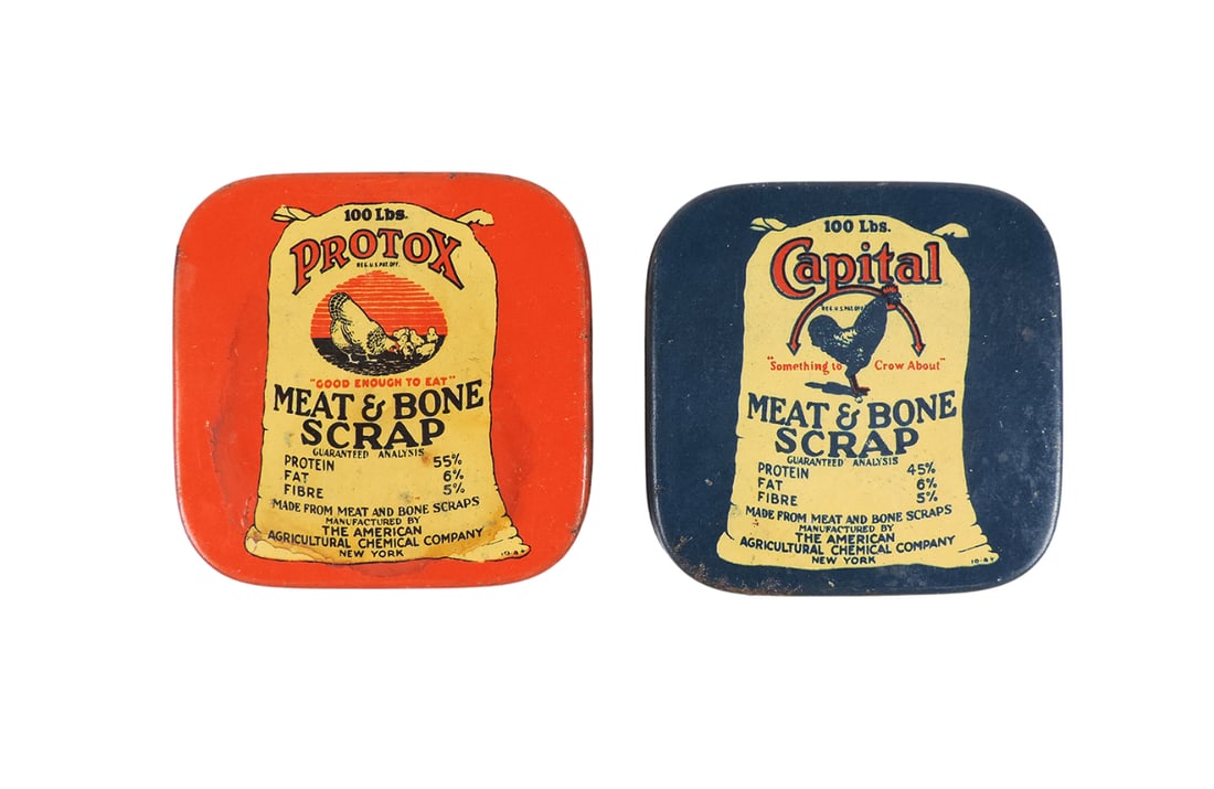 Veterinarian Medicine Tins (2), Capital Meat & Bone Scrap, Made from Meat & Bone Scraps, Mfg by The: Veterinarian Medicine Tins (2), Capital Meat & Bone Scrap, Made from Meat & Bone Scraps, Mfg by The American Agricultural Chemical Company, New York-USA, REG U.S. PAT OFF, litho on tin, no product & P