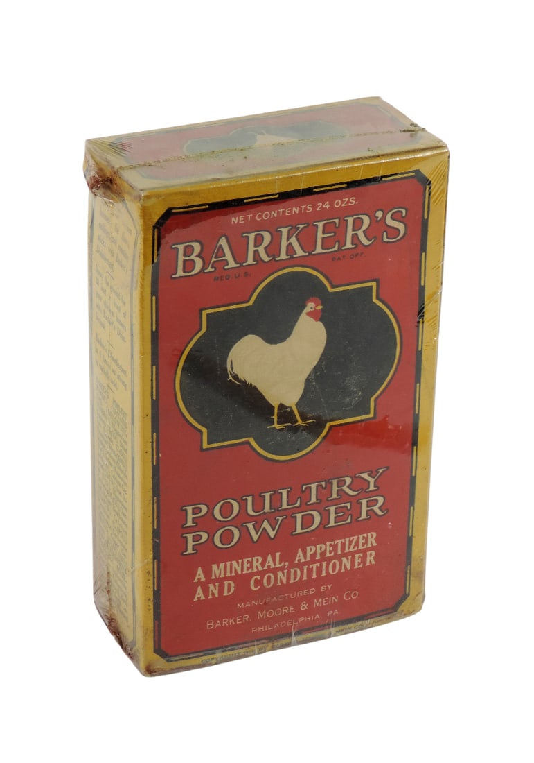 Veterinarian Medicine, Barker's Poultry Powder, Mfg by Baker, Moore & Mein Co., Philadelphia, PA-...: Veterinarian Medicine, Barker's Poultry Powder, Mfg by Baker, Moore & Mein Co., Philadelphia, PA-USA, Â©1914, net contents 24 oz, REG U.S. PAT OFF, new old stock w/orig contents/plastic wrap