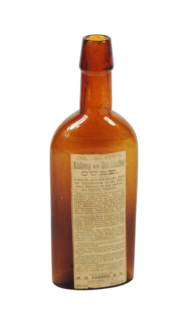 Drug Store Bottle, Dr. Fenner's Kidney and Backache Cure, Compounded by M.M. Fenner, M.D., Fredon...: Drug Store Bottle, Dr. Fenner's Kidney and Backache Cure, Compounded by M.M. Fenner, M.D., Fredonia, NY, embossed Dr M.M. Fenner's Peoples Remedies Fredonia, N.Y. U.S.A. Kidney & Backache Cure 1872-18