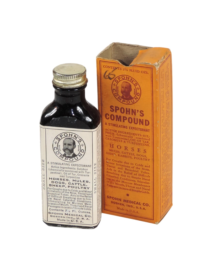 Drug Store Bottle, Spohn's Compound, A Stimulating Expectorant from Spohn Medical Co., 2 1/4 oz b...: Drug Store Bottle, Spohn's Compound, A Stimulating Expectorant from Spohn Medical Co., 2 1/4 oz bottle w/paper label in orig box, c.1880s, bottle VG+ cond, box is complete & in Good/VG cond, 5"H.