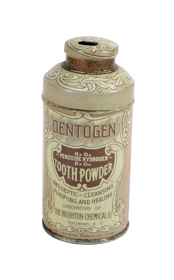 Tooth Powder Tin, Dentogen Tooth Powder, The Brighton Chemical Co., Cincinnati, O.-American Can ...: Tooth Powder Tin, Dentogen Tooth Powder, The Brighton Chemical Co., Cincinnati, O.-American Can Co., label adopted March 21, 1908, c. early 1900s, litho on tin, no product, Exc cond, 3.75"H.
