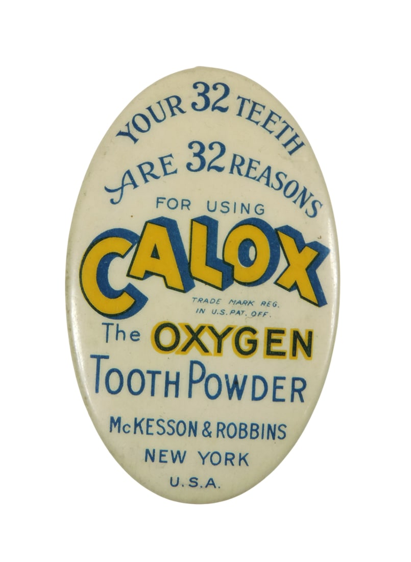 Tooth Powder Pocket Mirror, Calox, The Oxygen Tooth Powder, McKesson & Robbins, New York-USA, Trade: Tooth Powder Pocket Mirror, Calox, The Oxygen Tooth Powder, McKesson & Robbins, New York-USA, Trade Mark REG U.S. PAT OFF, c. early 1900s, Exc cond, 2.75"H x 1.75"W.