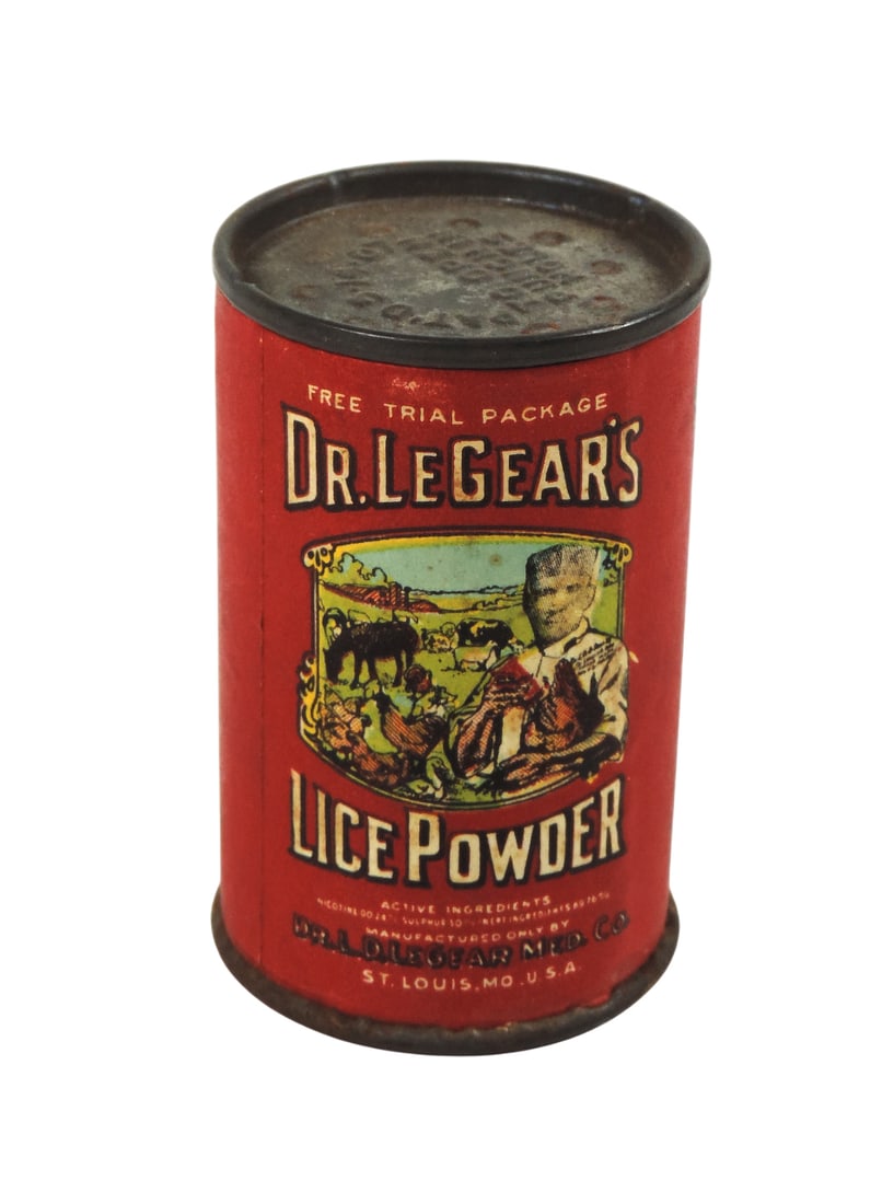 Veterinarian Medicine, Dr. LeGear's Lice Killer, Free Trial Package, Mfg Only by Dr. L.D. LeGear ...: Veterinarian Medicine, Dr. LeGear's Lice Killer, Free Trial Package, Mfg Only by Dr. L.D. LeGear Med. Co., St. Louis, MO-USA, cardboard cylinder w/tin top/bottom, embossed PAT'D 5Â·14Â&