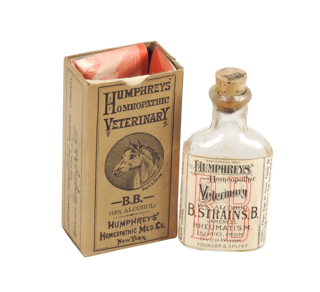 Veterinarian Medicine, Humphrey's Homeopathic Veterinary, Homeopathic Med. Co., New York-USA, glass: Veterinarian Medicine, Humphrey's Homeopathic Veterinary, Homeopathic Med. Co., New York-USA, glass bottle w/cork stopper/orig box includes instruction brochure, B.Strains.B., 15% Alcohol, Registered 