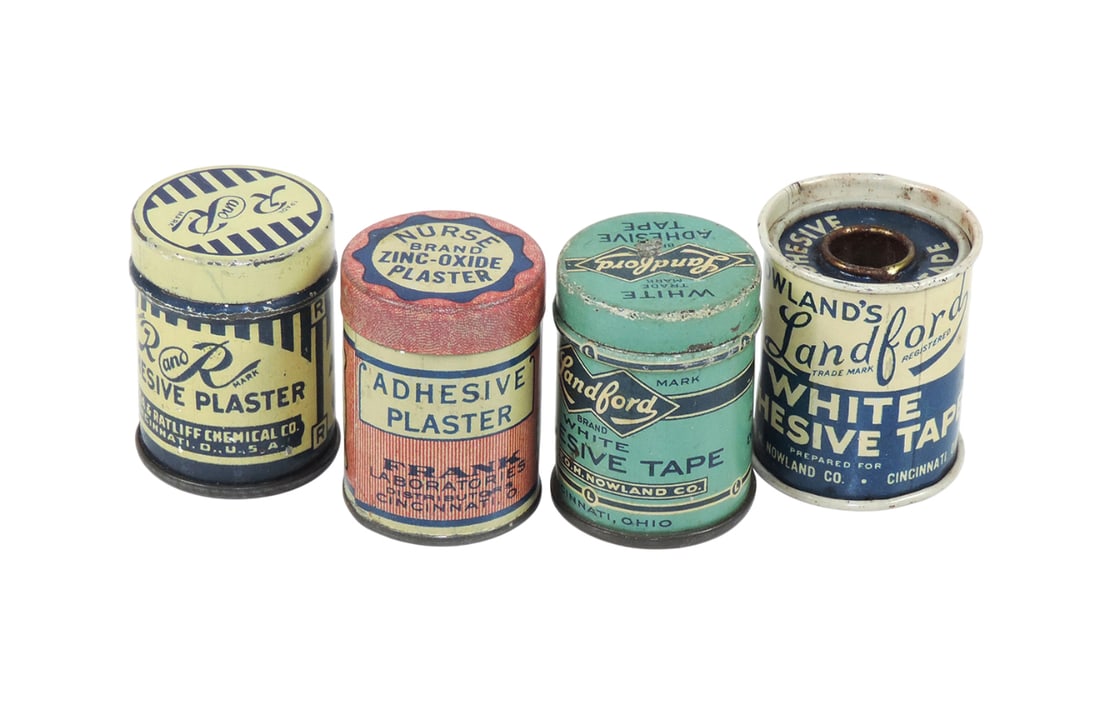 Drug Store Sample tins (4), Nurse Brand Zinc-Oxide Plaster, Adhesive Plaster, Frank Laboratories,...: Drug Store Sample tins (4), Nurse Brand Zinc-Oxide Plaster, Adhesive Plaster, Frank Laboratories, Distributors Cincinnati, O-USA, embossed Container Made In USA, litho on tin, no product, Landford Bra