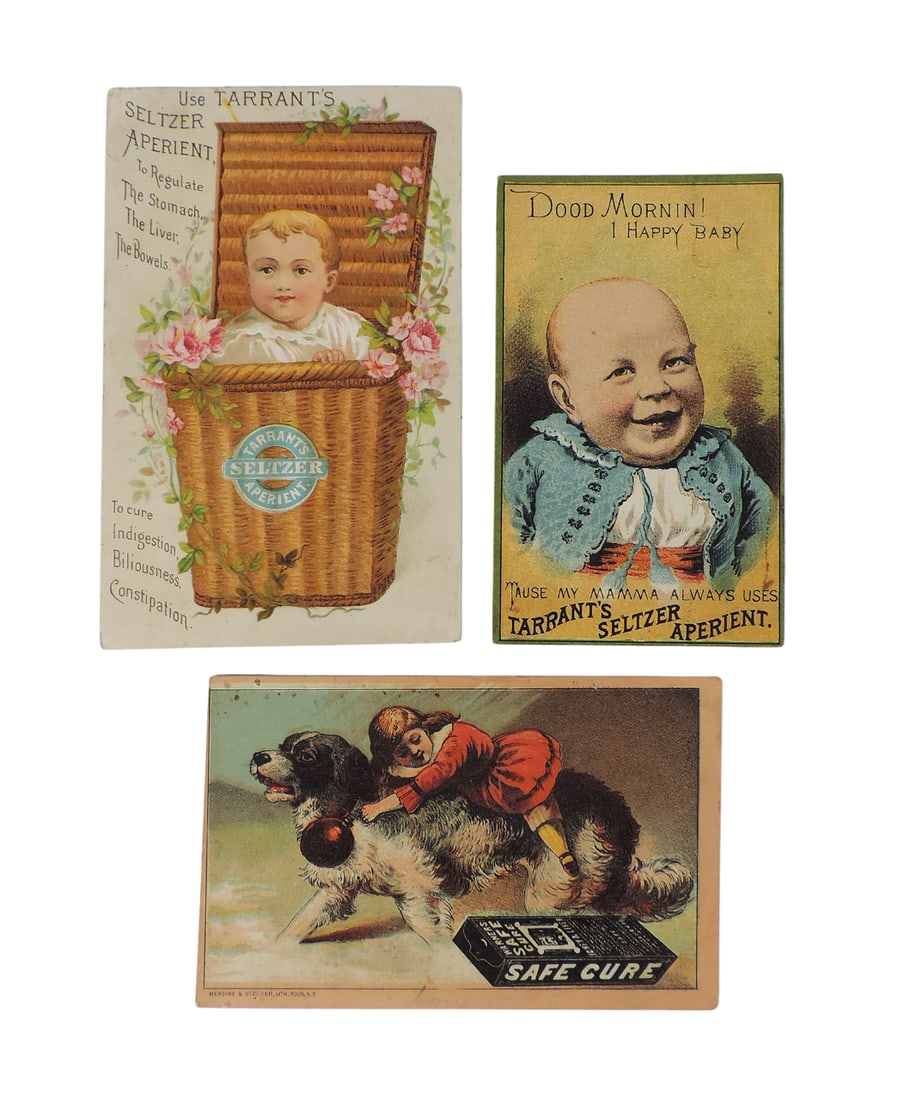 Drug Store Trade Cards (3), Dood Mornin! 1 Happy Baby Tarrant's Seltzer Aperient, Warners Safe Cure (1 of 1)