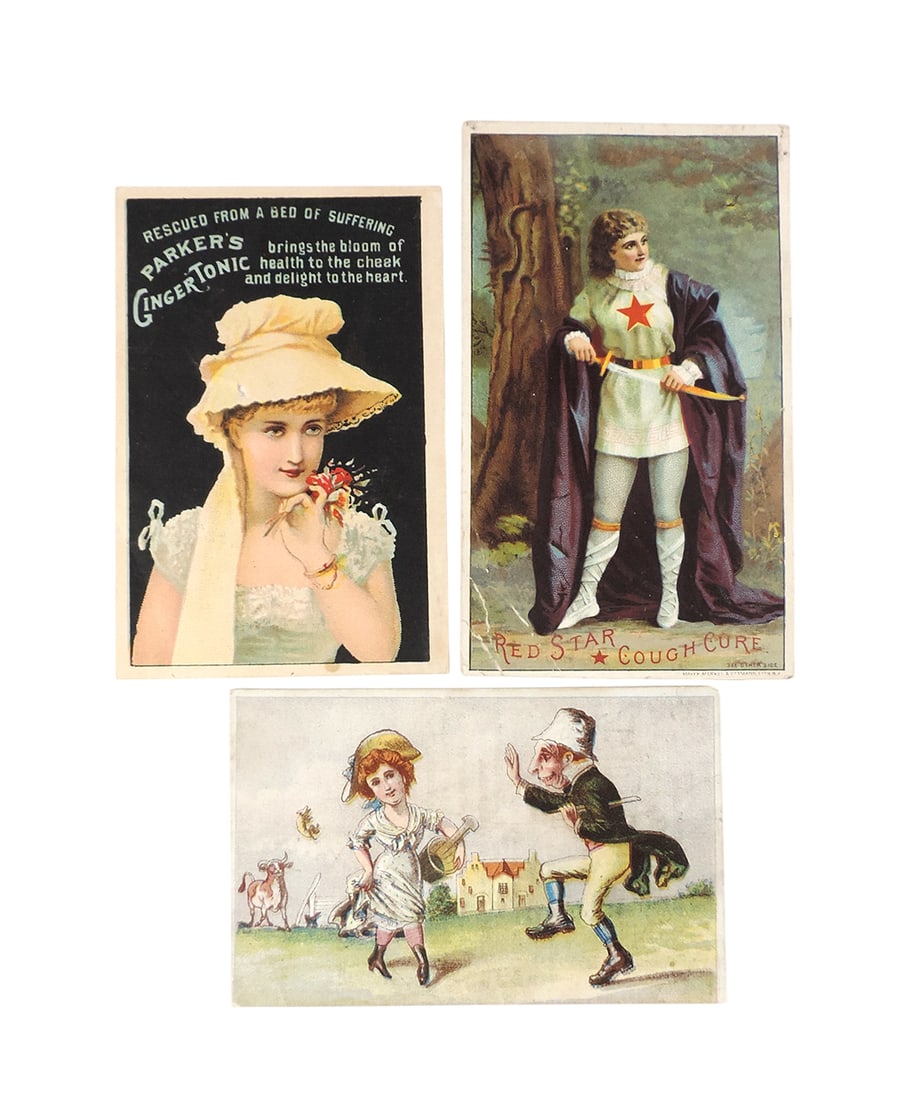 Drug Store Trade Cards (3), Parker's Ginger Tonic, Parker's Hair Balsam, small hole, Dr. Purvianc... (1 of 2)